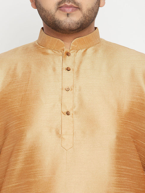 Vastramay Men's Plus Size Rose Gold Zari Weaved Nehru Jacket With Curved Kurta Dhoti set